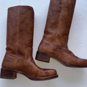 Frye 14L Sabrina Campus Leather Boots USA Tall Saddle Brown 11 Heel Block Iconic